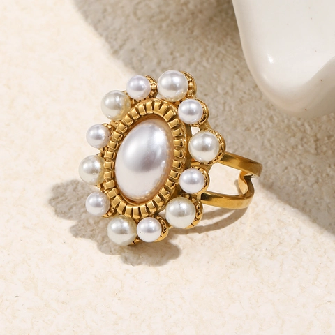 Sunburst Floral Ring Stainless Steel 18K Gold Plated Imitation Artificial Pearl Open Adjustable Luxury Jewelry For Women