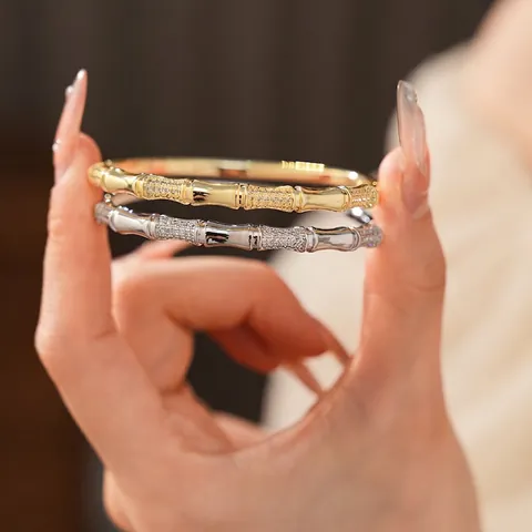 Bracelet Jonc Noeud De Bambou Cuivre Micro Incrusté De Zircon Plaqué Or Véritable Bijoux De Luxe Style Chinois Femme