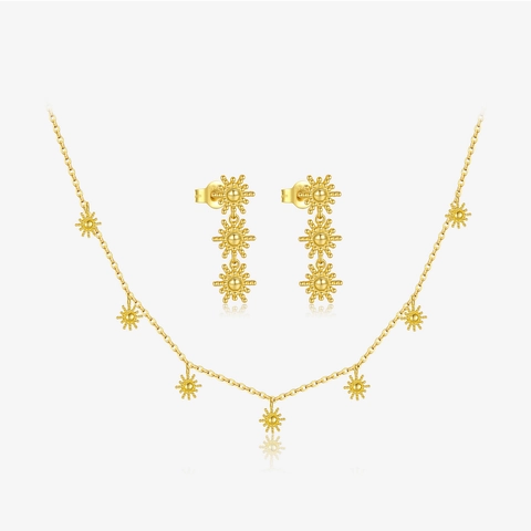 925 Sterling Silver Sun Flower Starburst Necklace And Long Dangle Earrings Jewelry Bohemian Vintage Resort Style For Women