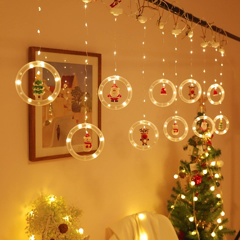 Christmas LED Curtain String Lights With Santa Claus Snowman Figurines USB Battery Powered Hanging Window Decoration Party