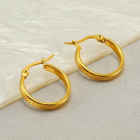 Orecchini A Cerchio Dorati Da Donna Acciaio Inossidabile Inciso Trama Diagonale Stile Francese Vintage Gioielli Eleganti