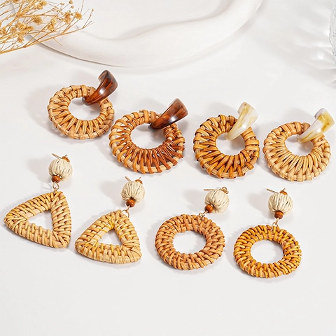 Orecchini Pendenti In Resina E Rattan Per Donna Boho Geometrici Fatti A Mano Gioielli Vacanza Con Perno In Argento 925