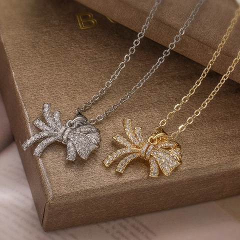 Collier Pendentif Nœud Papillon Cuivre Avec Zircon Incrusté Bijoux Mode Délicat Pour Femmes Style Ins