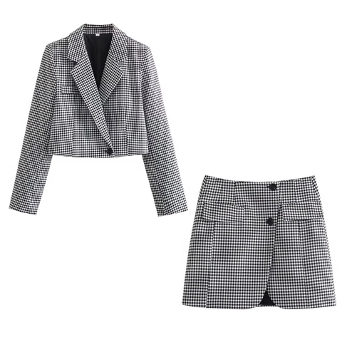 Completo Giacca Blazer Pied De Poule E Minigonna Abbinata Donna Moda Maniche Lunghe Corto Streetwear Elegante