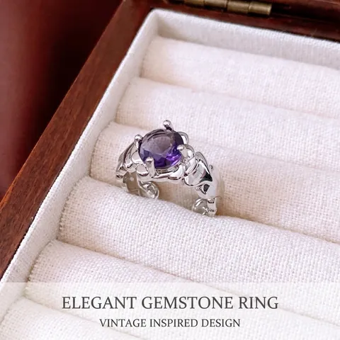 Vintage Purple Zircon Copper Open Ring For Women Silver Tone Irregular Pleated Texture Adjustable Fashion Finger Jewelry