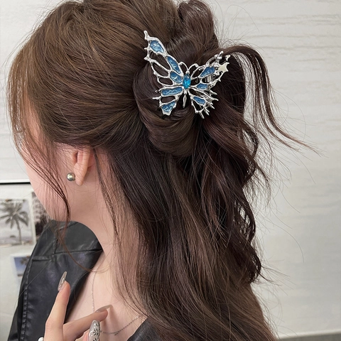 Molletta Per Capelli Farfalla Lega Metallo Liquido Smalto Blu Strass Clip Squalo Accessorio Acconciatura Elegante Donna