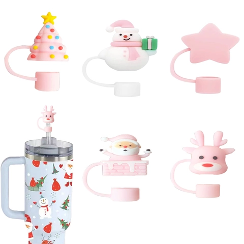 Copri Cannucce Rosa Natale Silicone Antipolvere Riutilizzabile Punte Per Cannucce Decorazione Festa Regali
