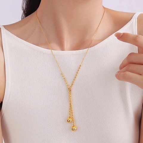 Westerse Vintage Titanium Staal Vergulde Lange Hanger Ketting Voor Vrouwen Minimalistische Y-Vormige Bal Kwastje Ketting Sieraden