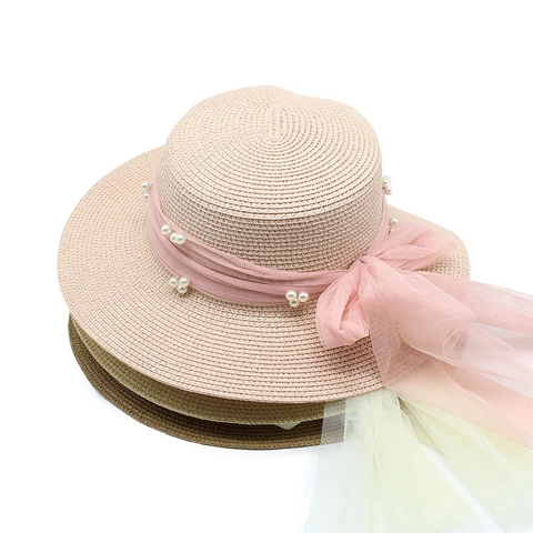 French Retro Straw Boater Hat With Mesh Bow Ribbon And Faux Artificial Pearls Wide Brim Breathable Summer Beach Sun Hat For Women