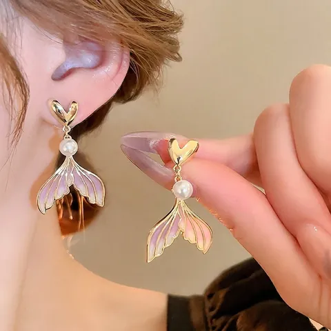 Pendientes De Perla Artificial De Cola De Sirena Degradado Púrpura Corazón Cobre Con Poste De Plata De Ley 925 Joyería Dulce