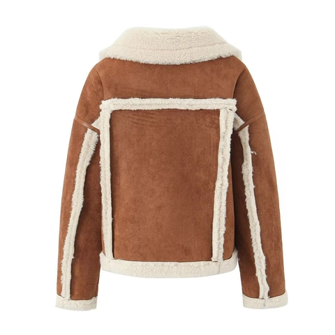 Women Suede Faux Fur Jacket Toggle Button Shearling Trim Warm Winter Coat Retro Casual Outerwear