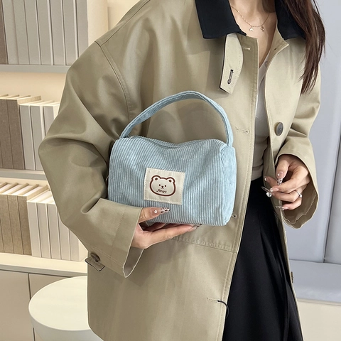 Corduroy Handbag Cosmetic Storage Bag Small Square Zipper Pouch Cute Cartoon Bear Japanese Style For Women