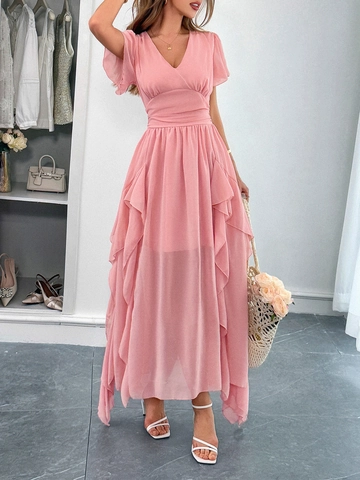 V Neck Short Flutter Sleeve Maxi Dress Chiffon Ruffle Hem High Waist Elegant Vacation Style For Women Solid Color