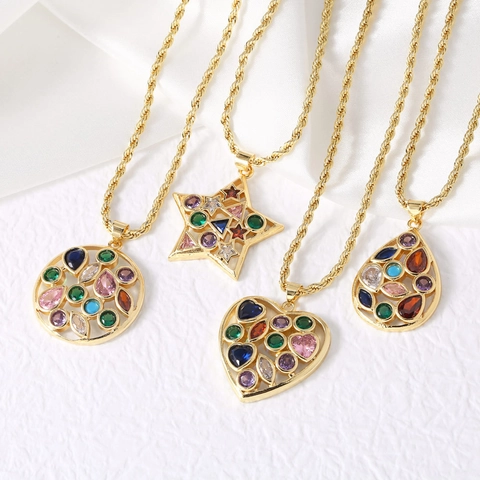 Mode Vergoldet Kupfer Bunter Strass Herz Stern Rund Wassertropfen Anhänger Halskette Für Damen Mode Schmuck