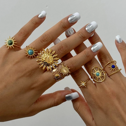 Bohemian Sonnenblumen Ring Offen 18K Vergoldet Edelstahl Verstellbar Vintage Sternschliff Schmuck Für Damen