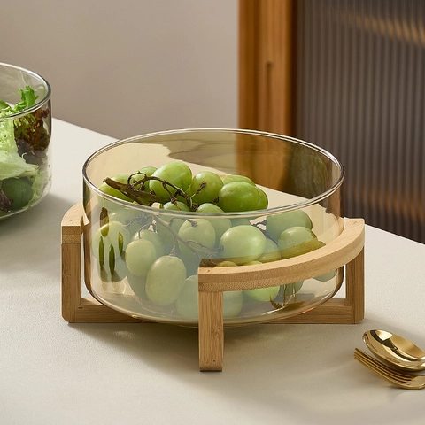 Bol À Fruits En Verre Avec Support En Bois D'Acacia Bassin À Salade Nordique Minimaliste Clair Ambre Gris Fumé Pour Cuisine