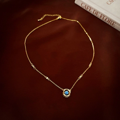 Elegante Halskette Aus Kupfer Echtgold Vergoldet Damen Runder Hohler Anhänger Mit Blauem Tanzendem Zirkonia Mode Schlüsselbeinkette