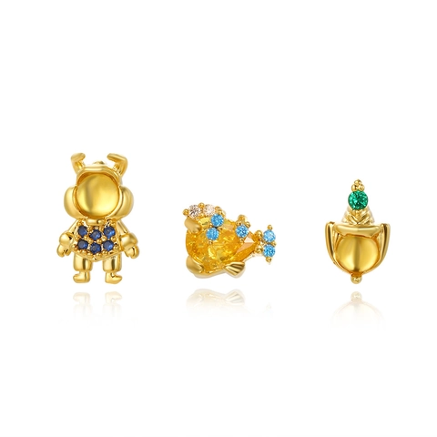 Space Astronaut Rocket Fish Stud Earrings Zircon Inlaid 18K Gold Plated Brass Cartoon Fashion Jewelry For Women