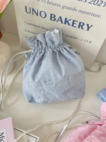 Bolso Cubo De Lona Con Lentejuelas De Estrellas Y Cadena De Perlas Artificiales Bolso De Hombro Cruzado Para Mujer Estilo Dulce