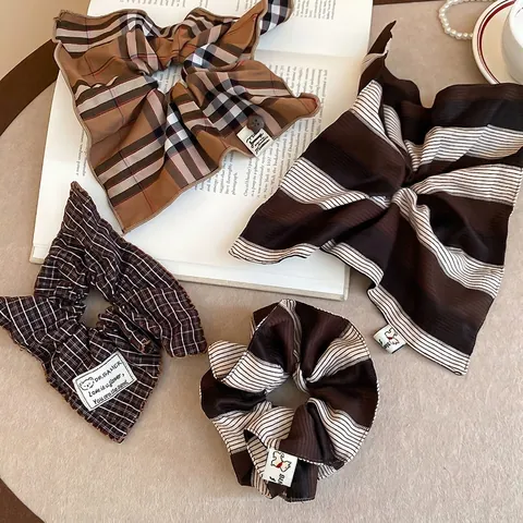 Large Fabric Scrunchie Striped Checkered Pattern Elastic Hair Tie Ponytail Holder Vintage Korean Style Women Accessories