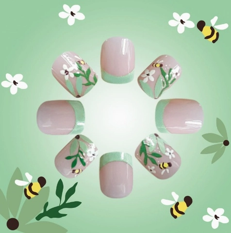 Press On Nails French Tip Flower Bee Pattern Square Shape Mint Green Sweet Style Artificial False Nails