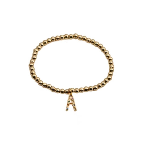 Gold Copper Bead Elastic Bracelet With Colorful Zircon Alphabet Initial Letter Pendant Fashion Jewelry For Women