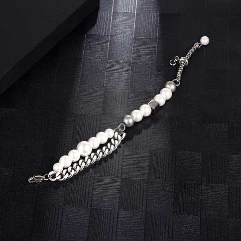 Double Layer Cuban Chain Bracelet With Titanium Steel And Imitation Artificial Pearl Beads Streetwear Retro Jewelry For Women Men