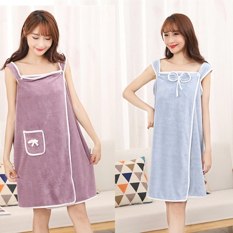 Women Wearable Bath Towel Skirt Thickened Coral Fleece Absorbent Soft Bathrobe With Bowknot Pocket For Spa Shower Home