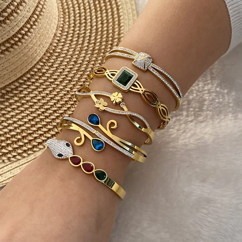 Strass Schlange Schmetterling Vierblättriges Kleeblatt Edelstahl Armreif Armband Für Damen Vergoldeter Retro Schmuck