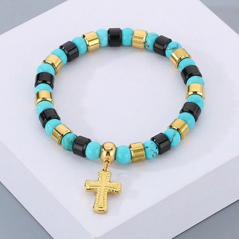 Beaded Bracelet Cross Pendant Turquoise Stone Stainless Steel Bohemian INS Style Retro Elastic For Men Women