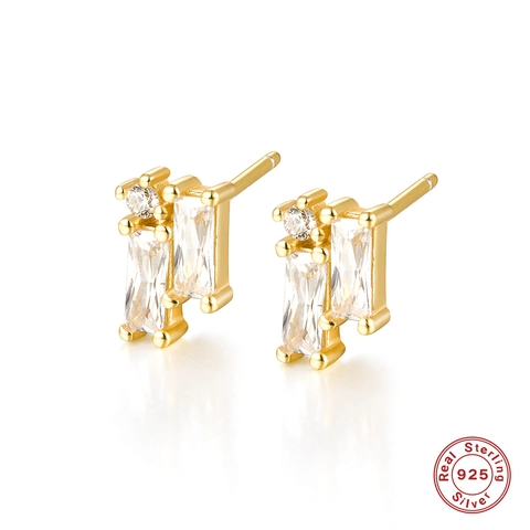 Geometric Cubic Zirconia Stud Earrings With 925 Sterling Silver Earring Post Staggered Baguette Round Stone Jewelry Women