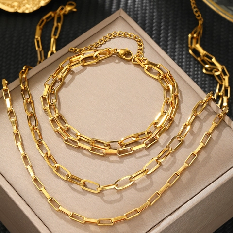 Stainless Steel Paperclip Chain Jewelry For Women Men Hip Hop Layered Necklace And Bracelet Streetwear Gold Silver Tone