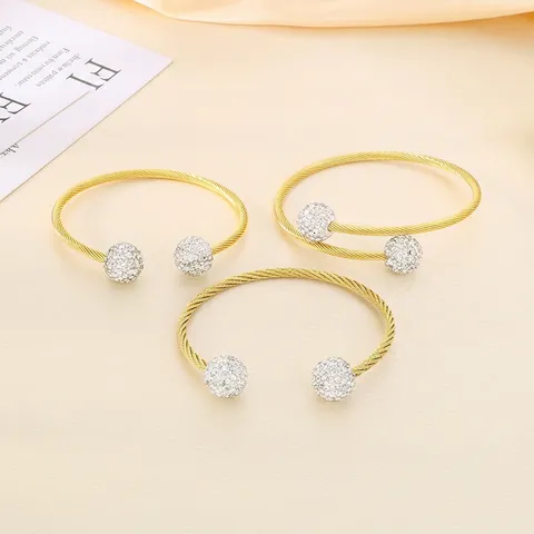 Stainless Steel Cable Twisted Wire Open Cuff Bracelet With Pave Rhinestone Ball Ends Fashion Elegant Jewelry For Women