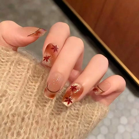 Autumn Maple Leaf Cat Eye Press On Nails French Gradient Glossy Square Fake Nails For Women