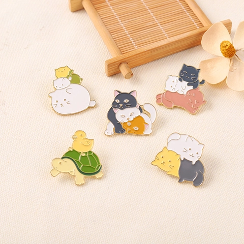 Cute Cartoon Stacking Cat Enamel Pin Brooch Alloy Animal Duck Turtle Metal Badge For Backpack Clothes Jewelry Accessory