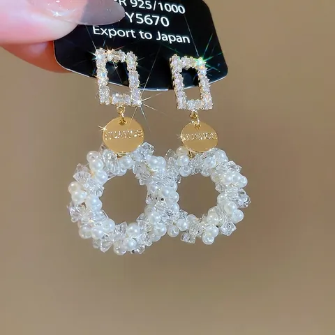 Hangende Oorbellen Met 925 Sterling Zilveren Oorsteker Zirkoon Koper Imitatieparel Kristal Geweven Ring Elegant Dames