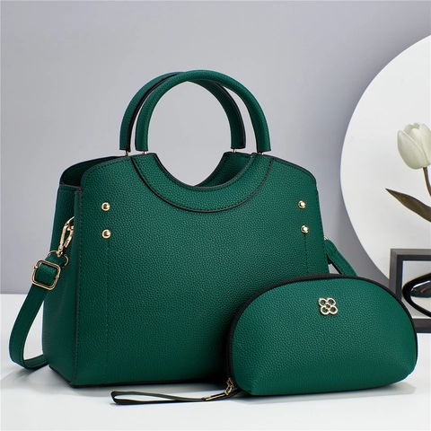 Women Litchi Texture PU Leather Matching Bag Handbag And Pouch With Gold Rivets Retro Style Large Capacity
