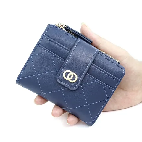 Petit Portefeuille Femme Matelassé Cuir PU Décor Double Anneau Multi Fentes Cartes Poche Monnaie Bifold Élégant