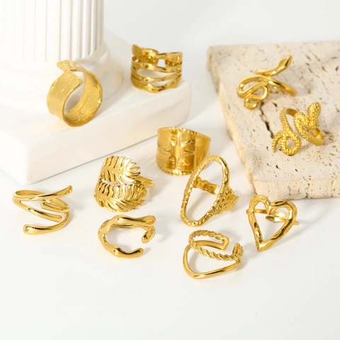 Stainless Steel Open Rings For Women 18K Gold Plated Irregular Geometric Snake Heart Leaf Adjustable Fashion Jewelry Finger Ring