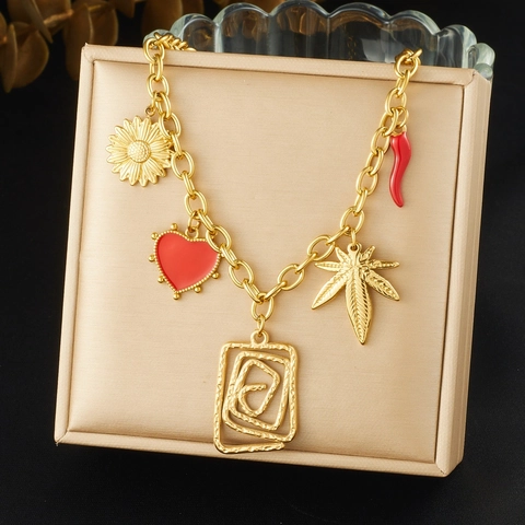 Collana In Acciaio Inossidabile Placcato Oro Vintage Con Pendenti In Smalto Girasole Cuore Foglia Peperoncino Geometrico Per Donna