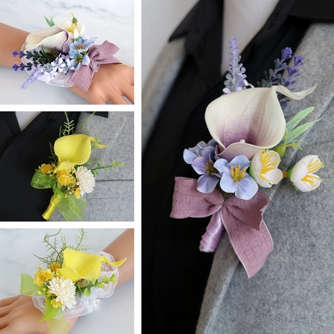 Calla Lily Ansteckblume Und Handgelenk Corsage Künstliche Blume Für Hochzeit Bräutigam Braut Brautjungfer PU Satin Spitze Dekor
