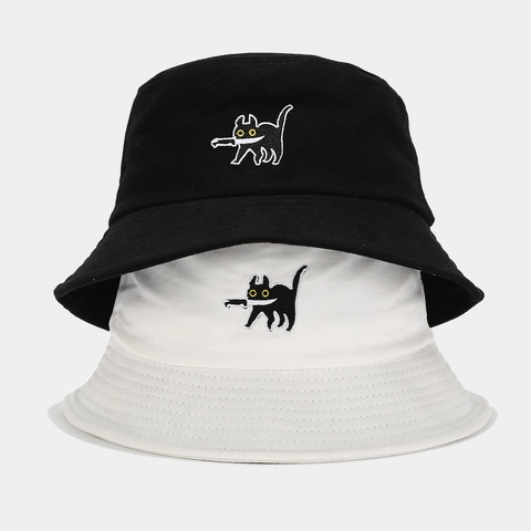 Funny Knife Cat Embroidery Bucket Hat Cotton Canvas Sun Protection Outdoor Streetwear Summer Sun Hat For Men Women
