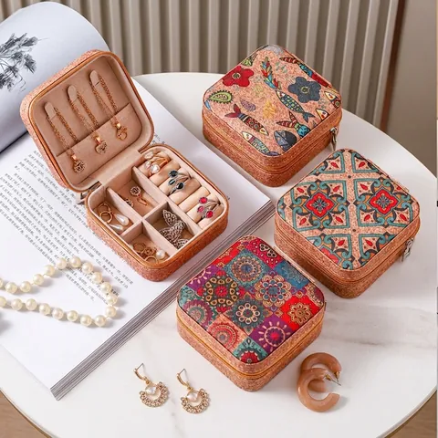 Portable Jewelry Storage Organizer Square Zipper Travel PU Leather Velvet Lining Ethnic Bohemian Print
