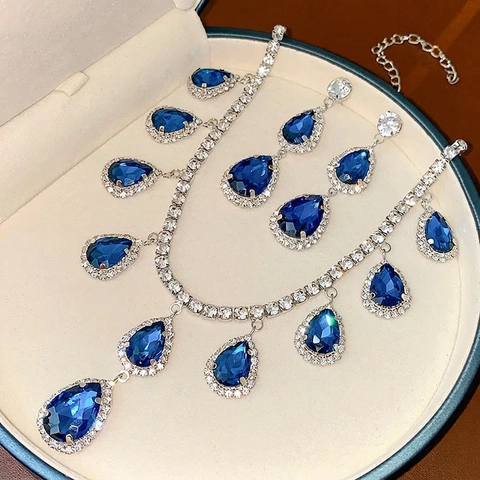 Gioielli Goccia D'acqua Collana Cristallo Blu Orecchini Con Perno In Argento Sterling 925 Strass Vintage Donna