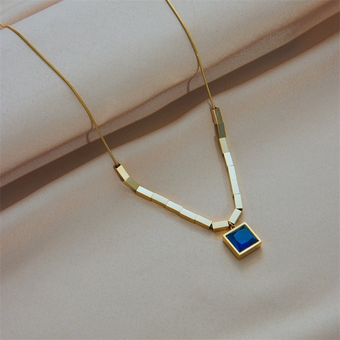 Damen Mode Edelstahl 18K Vergoldete Halskette Blau Quadrat Zirkonia Geometrische Rechteck Gliederkette Anhänger