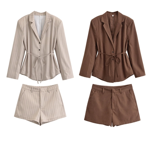 Completi Blazer E Pantaloncini Da Donna Manica Lunga Vita Annodata Revers Casual Ufficio Streetwear Poliestere Rigato Tinta Unita