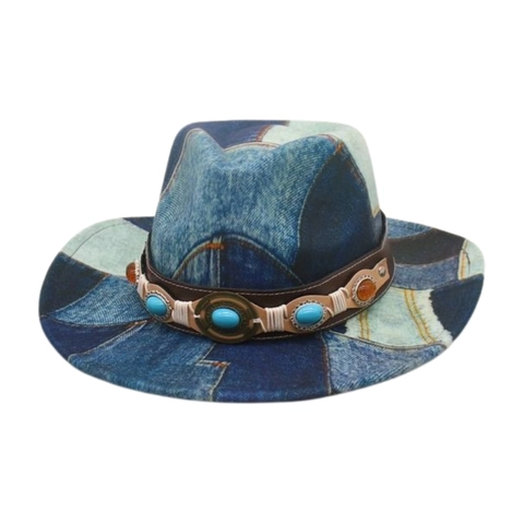 Western Cowboy Hat Fedora Denim Patchwork Retro Wide Brim Leather Band Turquoise Accents For Men Women Outdoor