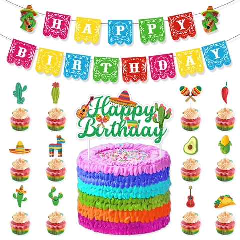Mexican Fiesta Carnival Theme Birthday Party Decorations Banner Cake Toppers Balloons Hanging Swirls Colorful Paper Supplies