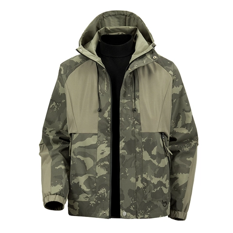 Heren Camouflage Jas Met Capuchon Winddicht Waterafstotend Outdoor Wandelen Tactische Techwear Color Block