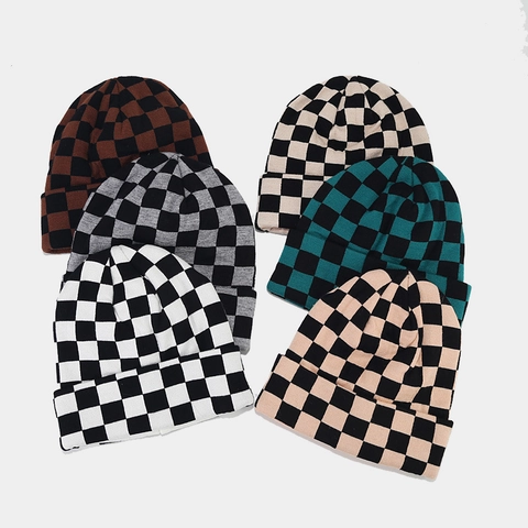Checkered Knit Beanie Hat Thick Warm Acrylic Winter Outdoor Leisure Unisex Chessboard Pattern Soft